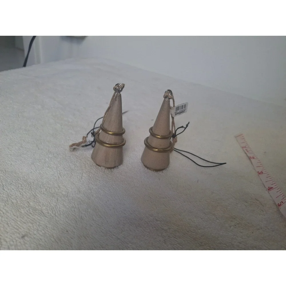 Crate & Barrel Wood and Brass Christmas Tree Ornaments Set of2 Minimalist Modern